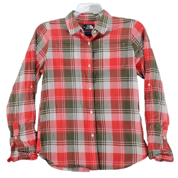 North Face Plaid Check Shirt Womens M Orange Green Button Up LS Roll Up Gorpcore - Picture 1 of 9